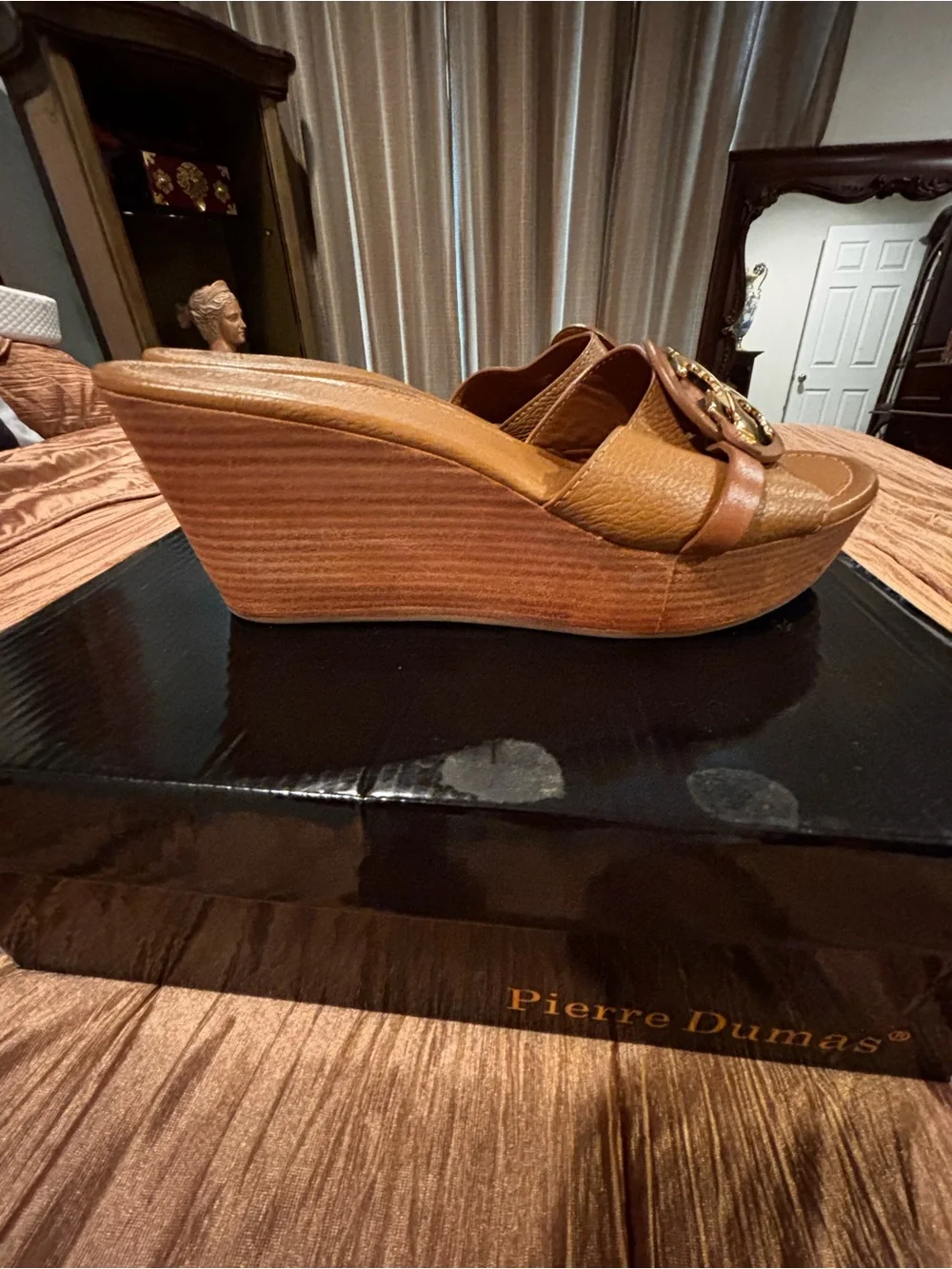 Tory Burch Cognac Leather Logo Wedge Slides